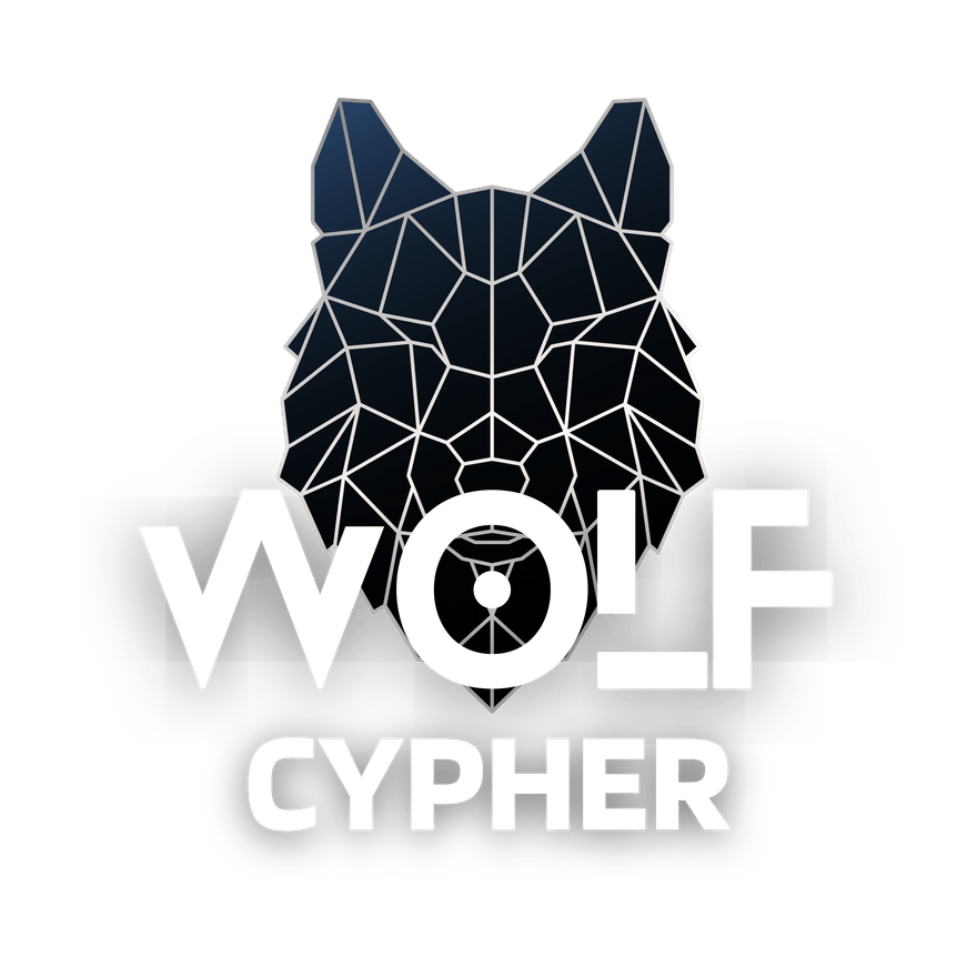 Logo Wolf Cypher: un cap de lup geometric deasupra textului Wolf Cypher